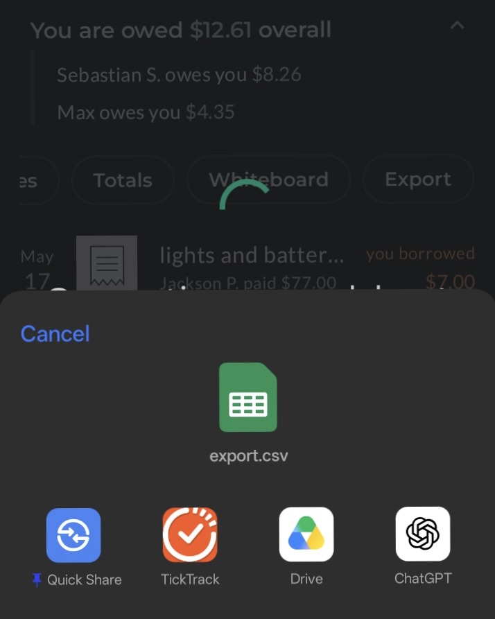 TickTrack selected in the iOS share sheet