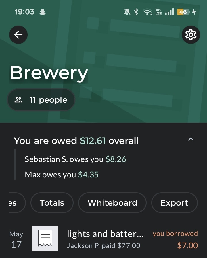 The Export button in Splitwise's top bar