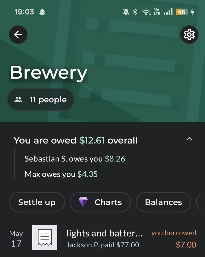 A group open in Splitwise with the top bar visible